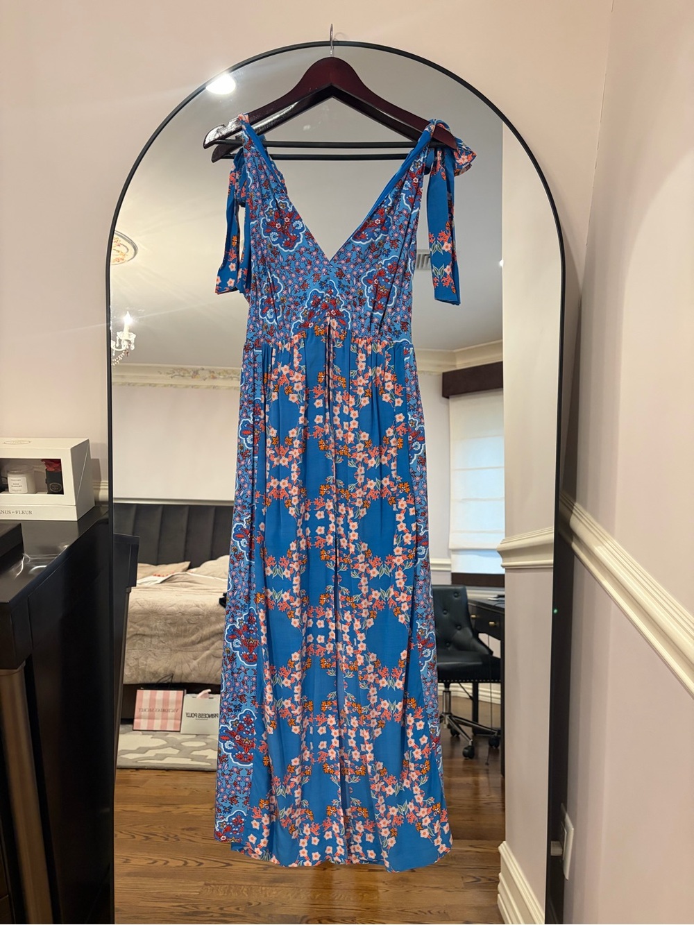 Sandro Blue Floral Maxi Dress with Tie Shoulder Straps (S36)